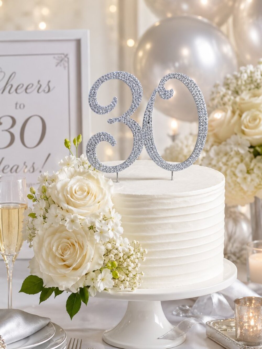 Rhinestone Cake Topper - Number 30 - Silver Metal with Czech Rhinestones